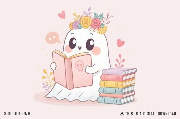 Download Cute Reading Ghost with Flower Crown PNG - Png Collection