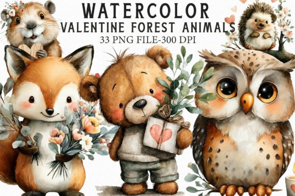 Download Watercolor Valentine Forest Animals Png - Png Collection