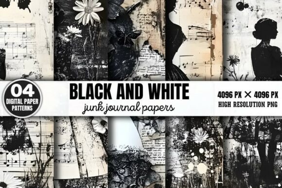 Download Black and White Junk Journal Paper Patte - Black and white Collection